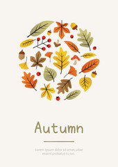 Autumn poster and banner template with leaves on light yellow background. Vector illustration for flyer, shop, invitation, discount, sale, decoration.