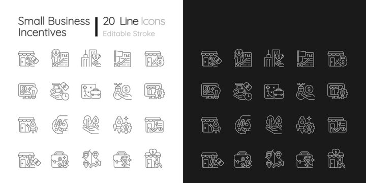 Small business incentives linear icons set for dark and light mode. Startups financial support. Customizable thin line symbols. Isolated vector outline illustrations. Editable stroke