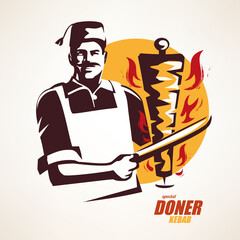 chef preparing doner kebab illustration, emblem, label or logo template