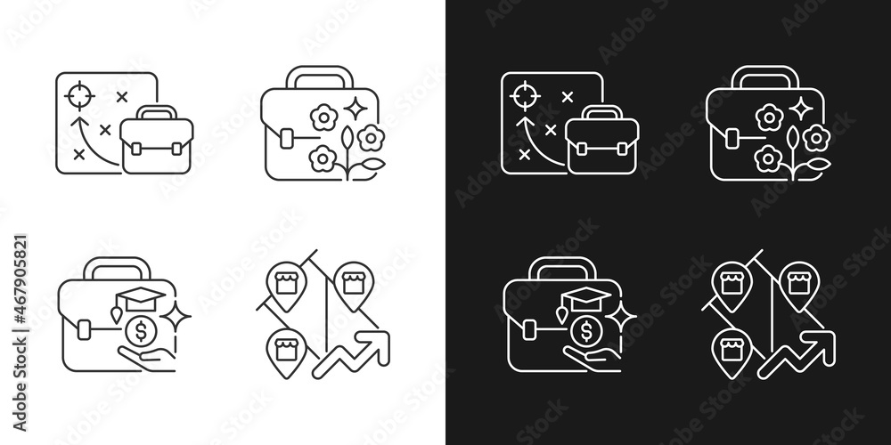 Poster business development linear icons set for dark and light mode. educational grant for employees. cust