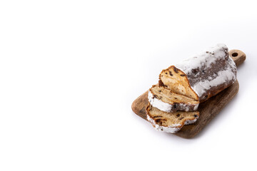 Traditional German Christmas stollen isolated on white background. Copy space