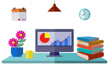 Vector illustration of an office with equipment, Conceptual flat design workspace interior with personal computer, book shelf, lamp, Perfect elements for your info graphic. © sirisak piyatharo