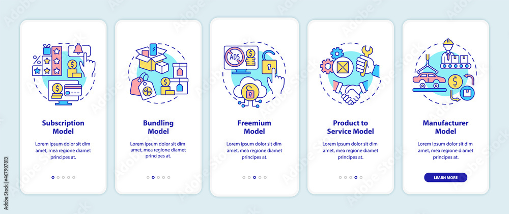Aufkleber types of business models onboarding mobile app page screen. commerce walkthrough 5 steps graphic ins