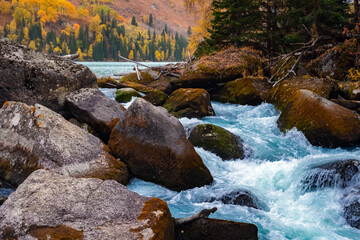 The Agynykatty River in Dzungarian Alatau. Tourism in Kazakhstan concept.