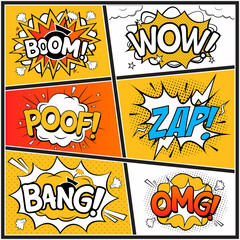 Comic explosion vector with text bubbles collection. Comic burst set with colorful wordings clouds. Collection of funny explosion bubbles for comic speeches. Cartoon comic text patches.