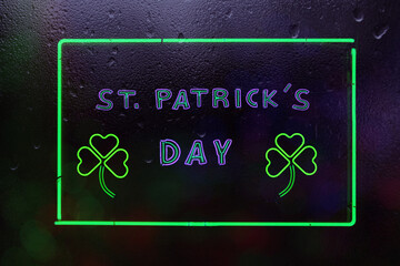 Vintage St. Patrick's Day Neon Sign in Rainy Window