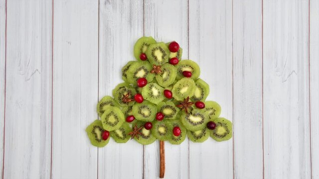 Animation of kiwi slices, cranberries and spices forming a Christmas tree