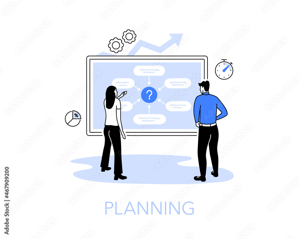 Aufkleber illustration of a planning with two people standing by the white board with a process flow diagram. 