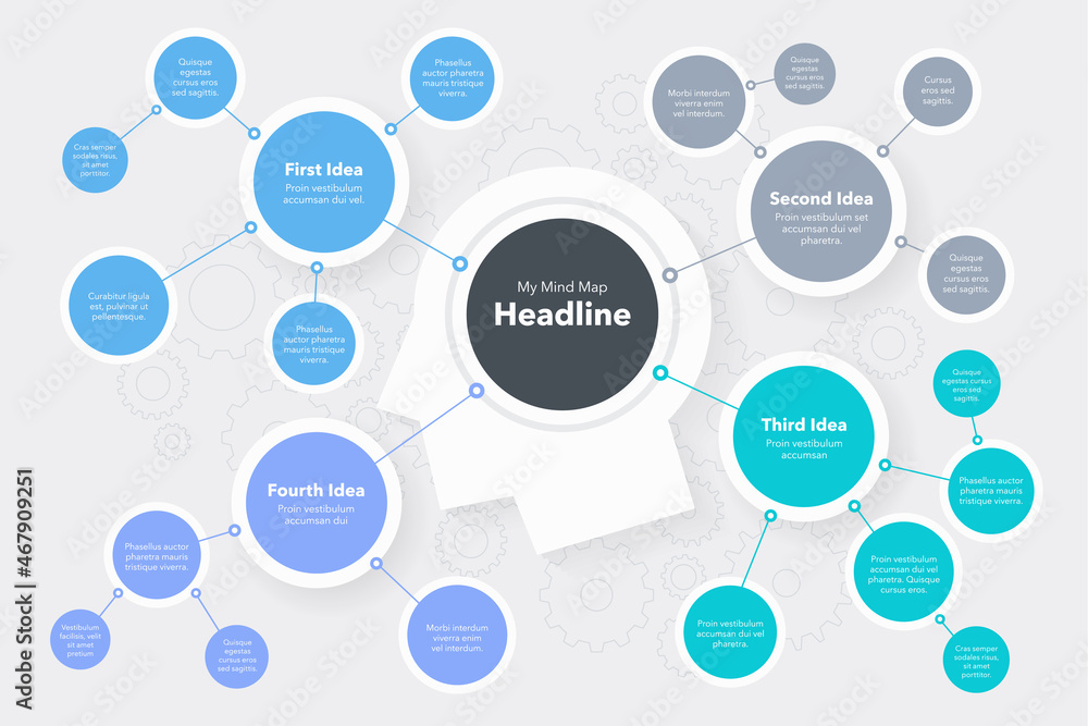 Poster Modern concept for mind map visualization template with a head as a main symbol. Easy to use for your design or presentation.