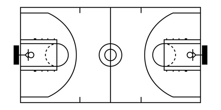 Top view basketball court black and white drawing image. Clipart image