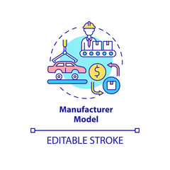 Naklejka premium Manufacturing model concept icon. Factory production of automobiles. Products distribution. Business model abstract idea thin line illustration. Vector isolated outline color drawing. Editable stroke