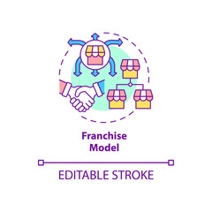 Obraz premium Franchise model concept icon. Expanding company internationaly. Trade with partner. Business model abstract idea thin line illustration. Vector isolated outline color drawing. Editable stroke