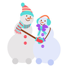 Snowmen in love. Christmas banner. Vector illustration in a flat cartoon style