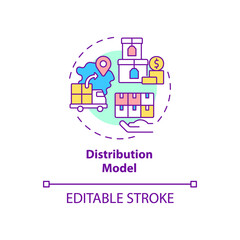 Distribution model concept icon. Logistics and supply chain. Shipping goods from warehouse. Business model abstract idea thin line illustration. Vector isolated outline color drawing. Editable stroke
