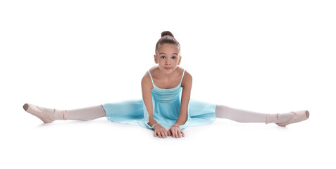 Beautifully dressed little ballerina sitting on split against white background - Powered by Adobe