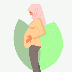Traditional Muslim girl, pregnancy and childbirth. A pregnant woman in a hijab and a national costume. Flat vector illustration.