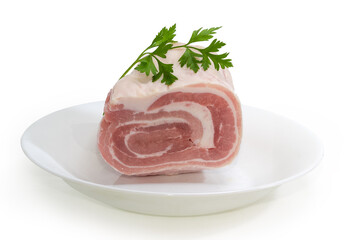 Frozen raw streaky pork belly on the white dish