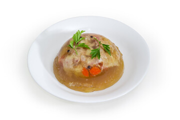 Pork jelly on the white dish on a white background