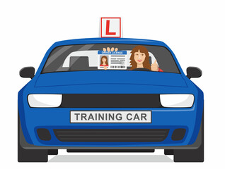 A smiling girl sits in a blue training car and shows her driver license. Design concept driving school or learning to drive. Vector illustration in flat style on white background