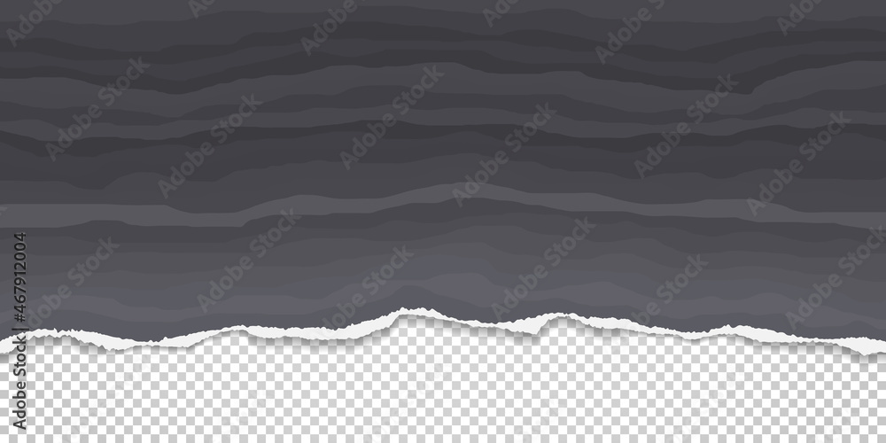 Poster torn, ripped wavy black and grey paper strip with soft shadow is on squared background for text. vec