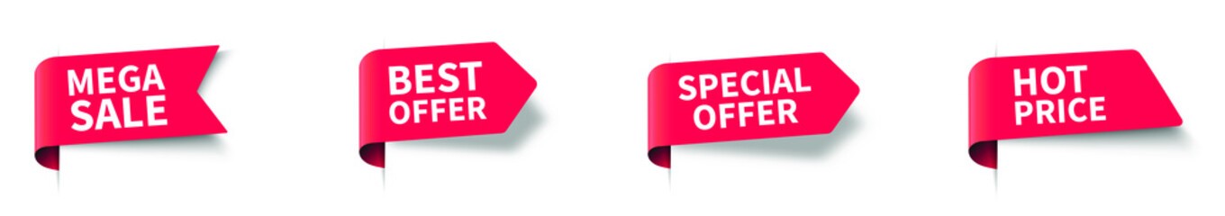 Sale Tags Icon Set. Ribbon badges, banners, price tags, new offers collection in red vector illustration eps 10