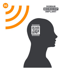 Human microchip implant. Vector concept of connecting human brain to the Internet. Silhouette of man with a CPU and qr code in his head. Conspiracy theory and chipping people for control purposes.