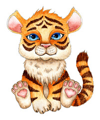 Watercolor painting of a cartoon sitting tiger cub. The symbol of the Chinese New Year, Christmas. Winter childrens illustration. Isolated over white background. Drawn by hand.