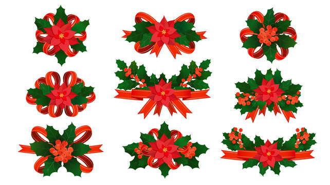 Set of christmas ribbons decorations with red bows, holly green branches and poinsettia flowers. Vector Xmas elements collection of red ribbons with holly leaves and berries at various design isolated