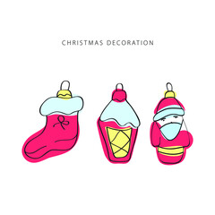Christmas decoration line vector. Isolated icon set. Outline symbol collection. Vintage background.  Traditional holiday symbol.