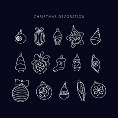 Christmas decoration line vector. Isolated icon set. Outline symbol collection. Vintage background.  Traditional holiday symbol.