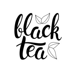 Black tea lettering and leaves. Hand drawn calligraphy and brush pen lettering phrase. Isolated vector illustration