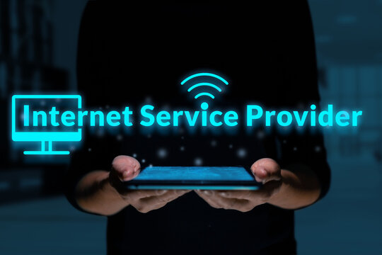 Business acronym ISP or Internet Service Provider. Person holding a tablet