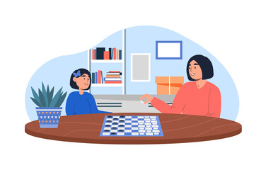 Concept of board games. Mother and her daughter have fun in evening. Adults take rest with their children after work. Good family relationships, girlfriends. Cartoon flat vector illustration