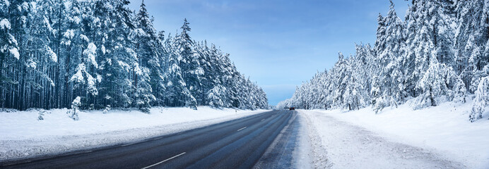 Panoramic view of the beautiful country road in winter