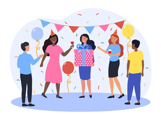 Naklejka premium Concept of celebrating. Employees celebrate colleagues birthday. Party for friends. Rest, holiday, congratulations. Woman hold gift box having fun, colorful confetti. Cartoon flat vector illustration
