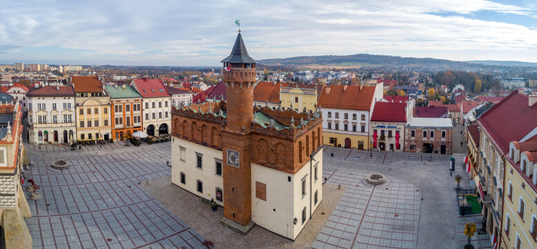 Tarnow, Poland. Old town main square, often called "Pearl of Polish Renaissance&rdquo; with a mannerist late renaissance town hall with an attic and renaissance tenement houses. Aerial panorama
