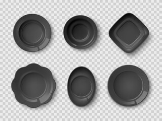 Realistic black dishes. Dark color plates top view, restaurant food serving mockup, clean empty ceramic dining porcelain different shapes, vector 3d tableware isolated set