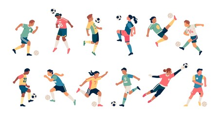 Fototapeta na wymiar Soccer players. Guys and girls athletes in dynamic poses, football team players with balls, batting and training people, goalkeeper sports uniform, vector flat cartoon isolated set