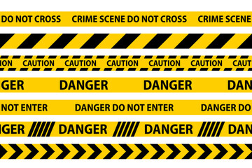 Danger, caution and warning seamless tapes. Black and yellow police stripe border. Crime vector illustration.