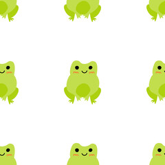 Cute smiling frogs with pink cheeks. Enamored green toads. Vector animal characters seamless pattern of amphibian toad drawing.Childish design for baby clothes, bedding, textiles, print, wallpaper.