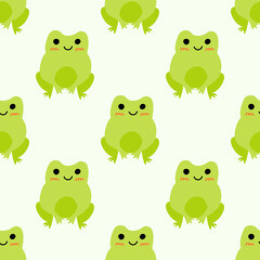 Obraz na płótnie Canvas Cute smiling frogs with pink cheeks. Enamored green toads. Vector animal characters seamless pattern of amphibian toad drawing.Childish design for baby clothes, bedding, textiles, print, wallpaper.