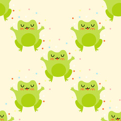 Cute cartoon frogs with confetti. Enamored green toads. Vector animal characters seamless pattern of amphibian toad drawing.Childish design for baby clothes, bedding, textiles, print, wallpaper.