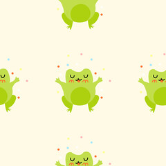 Cute cartoon frogs with confetti. Enamored green toads. Vector animal characters seamless pattern of amphibian toad drawing.Childish design for baby clothes, bedding, textiles, print, wallpaper.