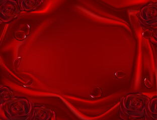 Vector background with red roses and petals on silk