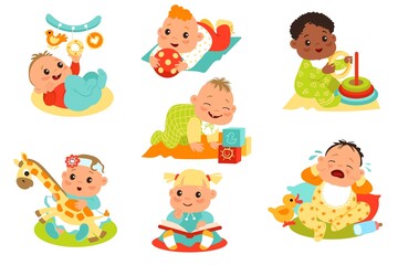 Babies playing with toys. Multinational funny kids with rattles and cubes. Playful children holding balls and pyramids. Happy and crying toddlers. Girl with book. Vector infants set