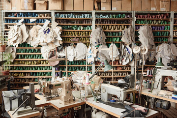 Image of tailor studio with sewing equipments and patterns for tailors and shoemakers - obrazy, fototapety, plakaty
