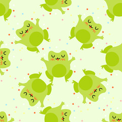 Cute cartoon frogs with confetti. Enamored green toads. Vector animal characters seamless pattern of amphibian toad drawing.Childish design for baby clothes, bedding, textiles, print, wallpaper.