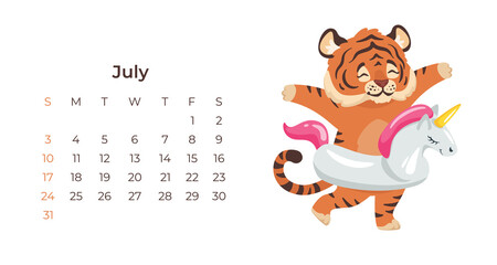 Cute cartoon tiger July 2022 horizontal calendar template.
