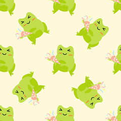 Obraz premium Cute cartoon frogs with party popper with serpantin. Enamored green toads. Vector animal characters seamless pattern of amphibian toad drawing.Childish design for baby clothes, bedding, textiles.