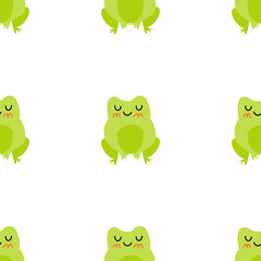 Cute smiling frogs with pink cheeks. Enamored green toads. Vector animal characters seamless pattern of amphibian toad drawing.Childish design for baby clothes, bedding, textiles, print, wallpaper.